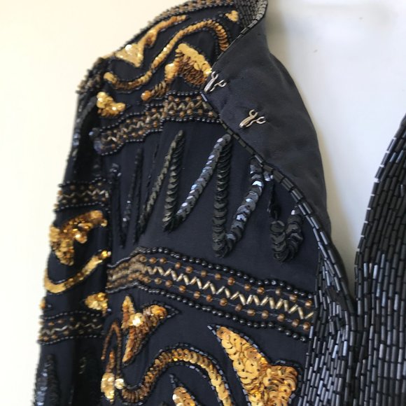 Creative Creations Silk Fully Hand Beaded Jacket Top Black & Gold Ornate Sequin - Picture 3 of 6